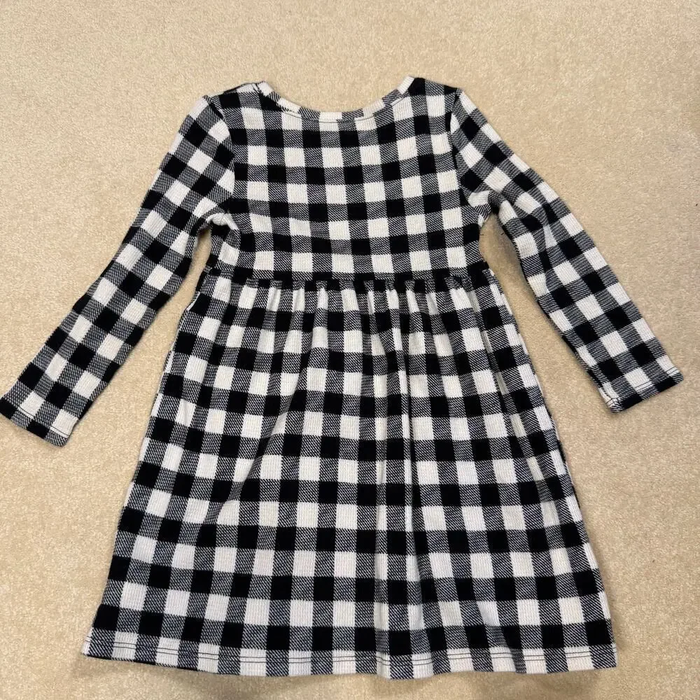 Old Navy Black & White Buffalo Plaid Long Sleeve Dress Girls 3T EUC
